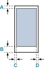 印刷できる範囲を表した図です。Aは、封筒の上端から印刷可能領域の上端までの、垂直方向の長さです、Bは、封筒の下端から印刷可能領域の下端までの、垂直方向の長さです。Cは、封筒の左端から印刷可能領域の左端までの、水平方向の長さです。Dは、封筒の右端から印刷可能領域の右端までの、水平方向の長さです。